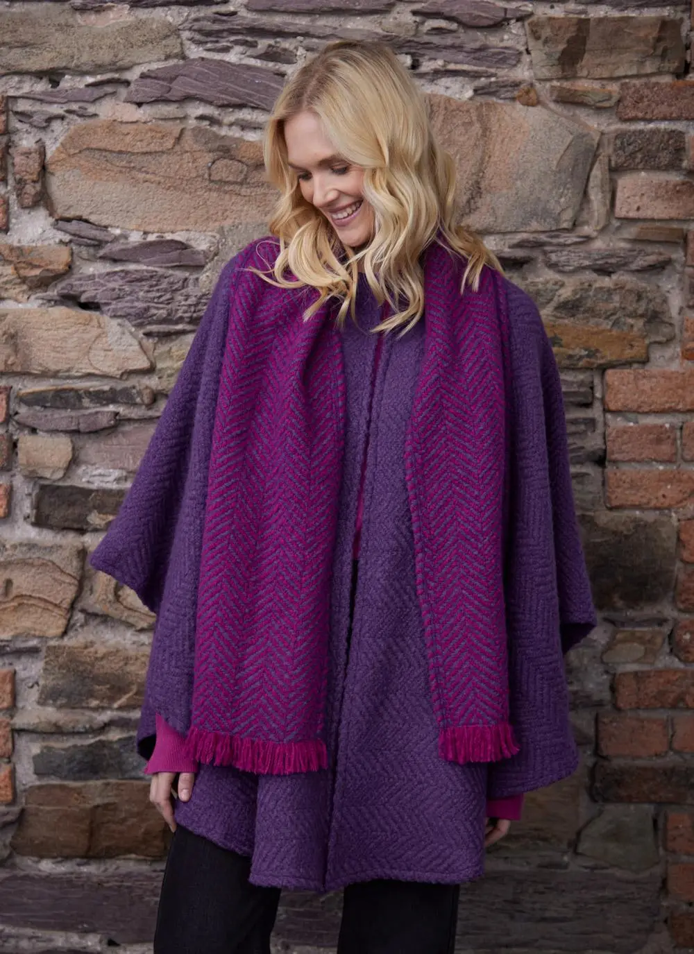 Ciara Wool Herringbone Cape with Scarf